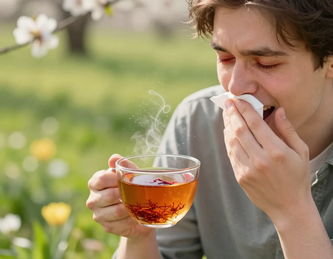 Person with seasonal allergies relieved by natural antihistamine in rooibos tea