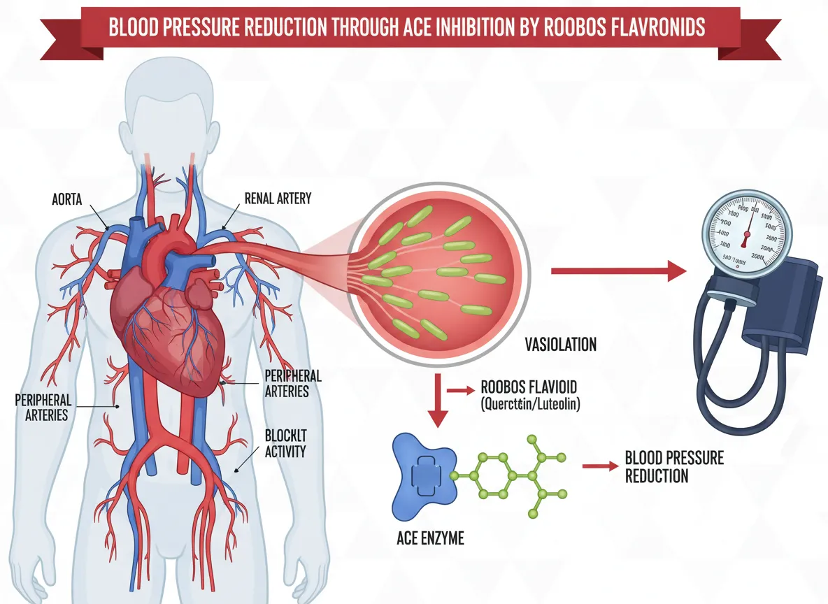 Blood pressure reduction through ace inhibition by rooibos flavonoids diagram