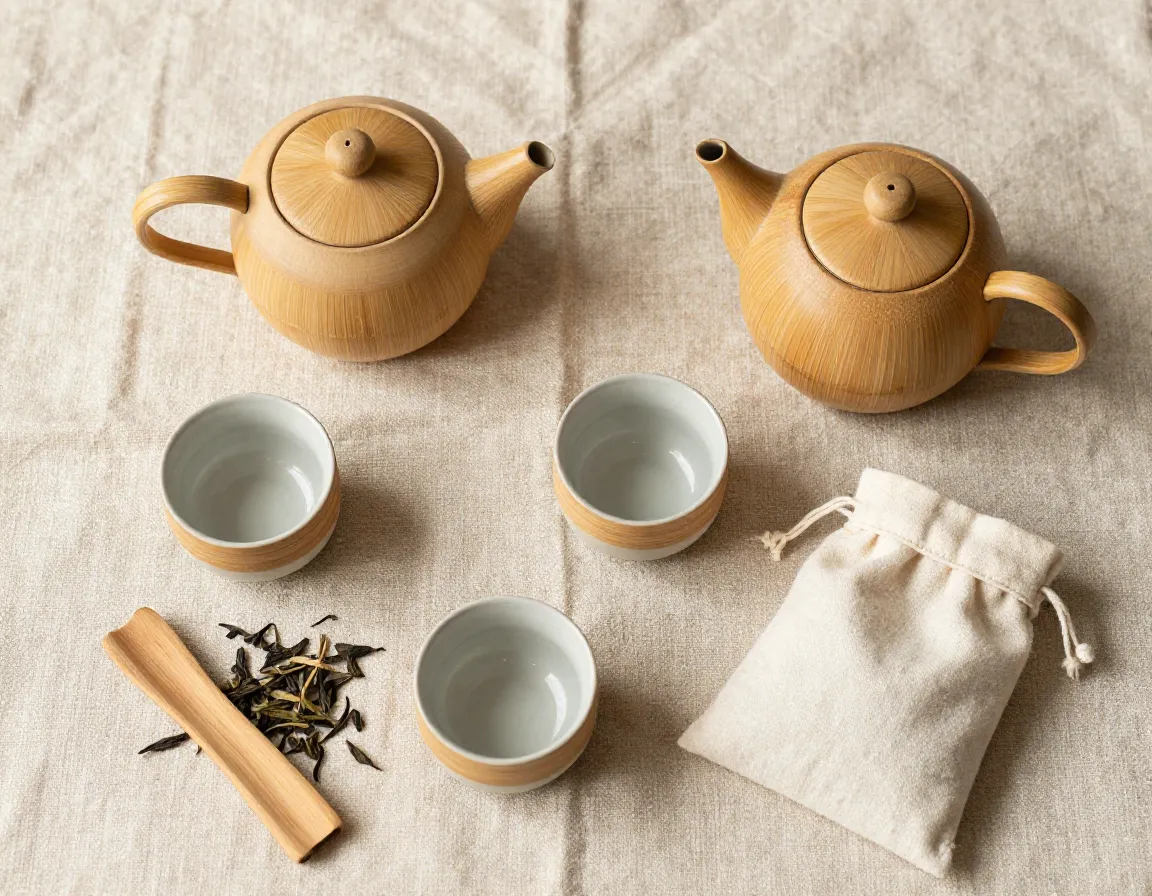 Sustainable bamboo and natural material tea set organic cotton accessories