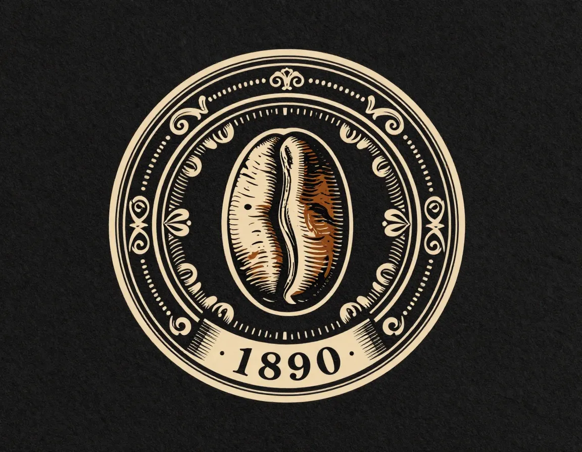 Circular badge emblem design featuring a central coffee bean