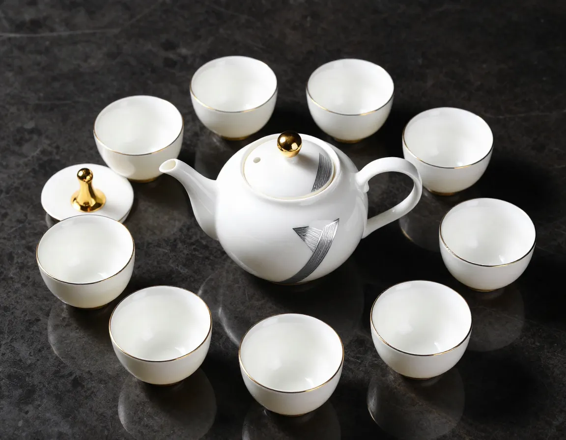 Modern porcelain tea set with subtle gold rim geometric metallic inlays