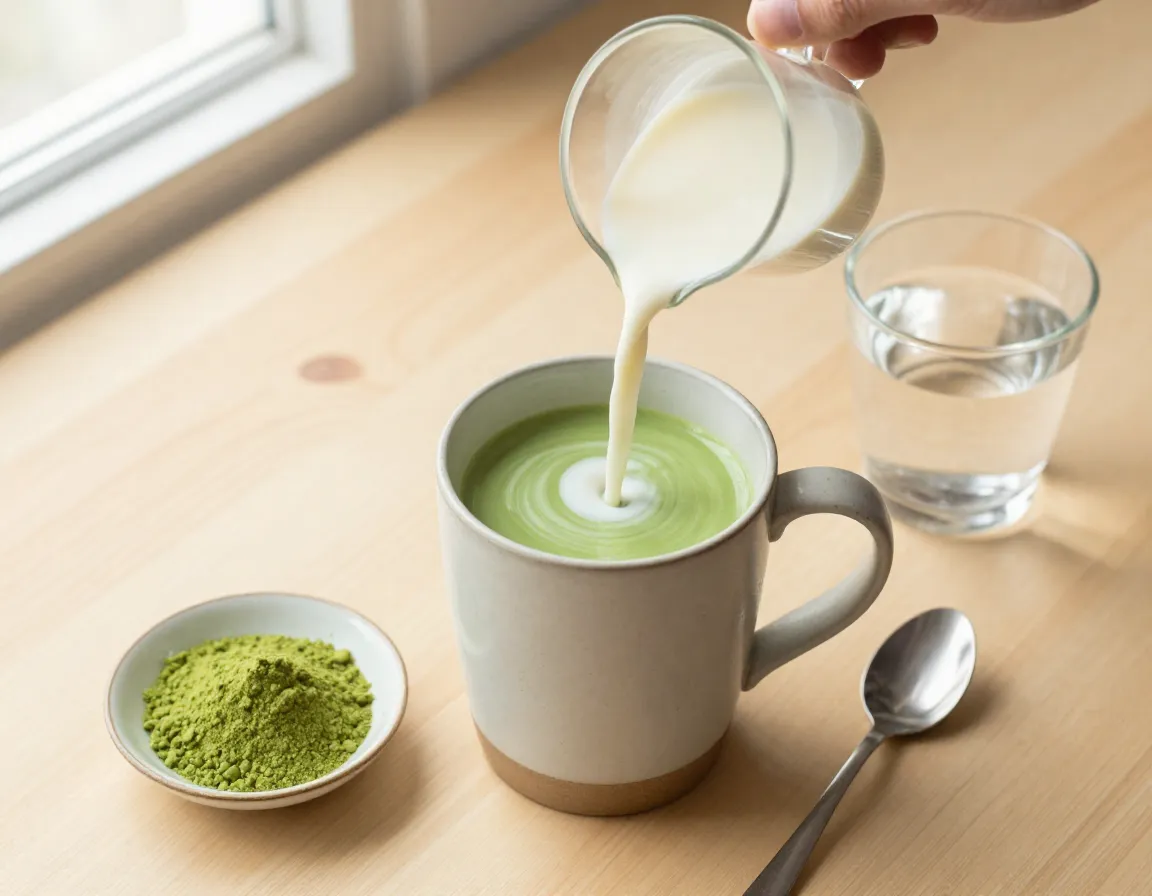 Creamy oat milk matcha latte in ceramic mug on light wood background