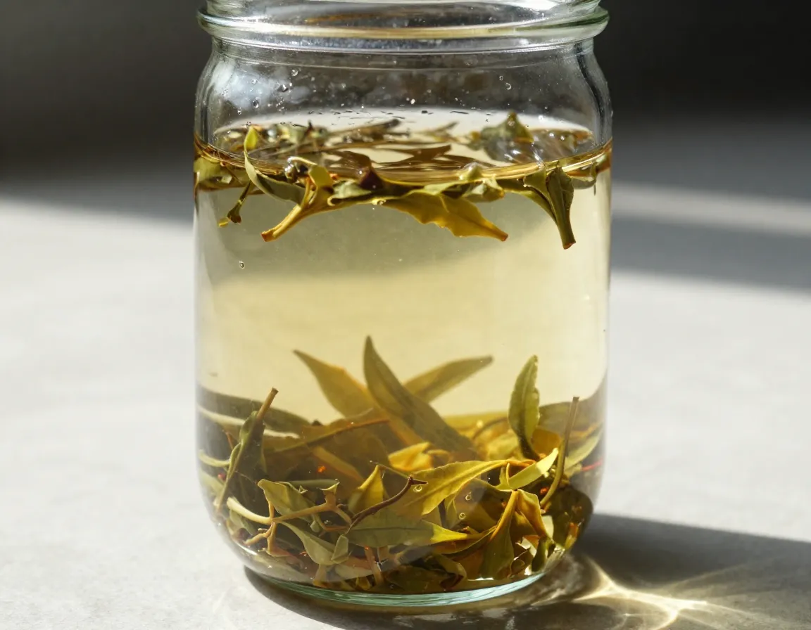 Solar brewing jar in sunlight with tea leaves