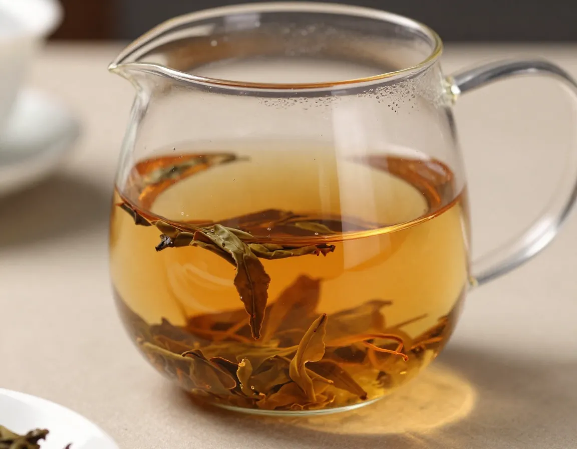 A partially oxidized oolong tea in a clear glass pot showing its amber color