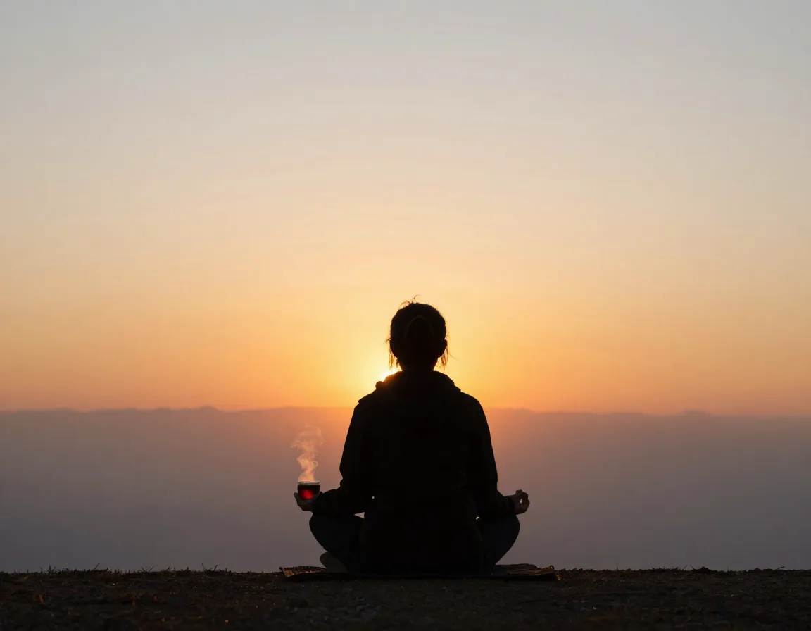 Person sipping tea during sunrise meditation outdoors