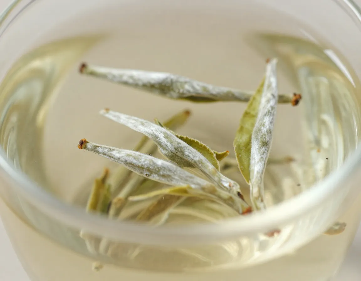 Delicate white tea buds and leaves steeping in a transparent cup