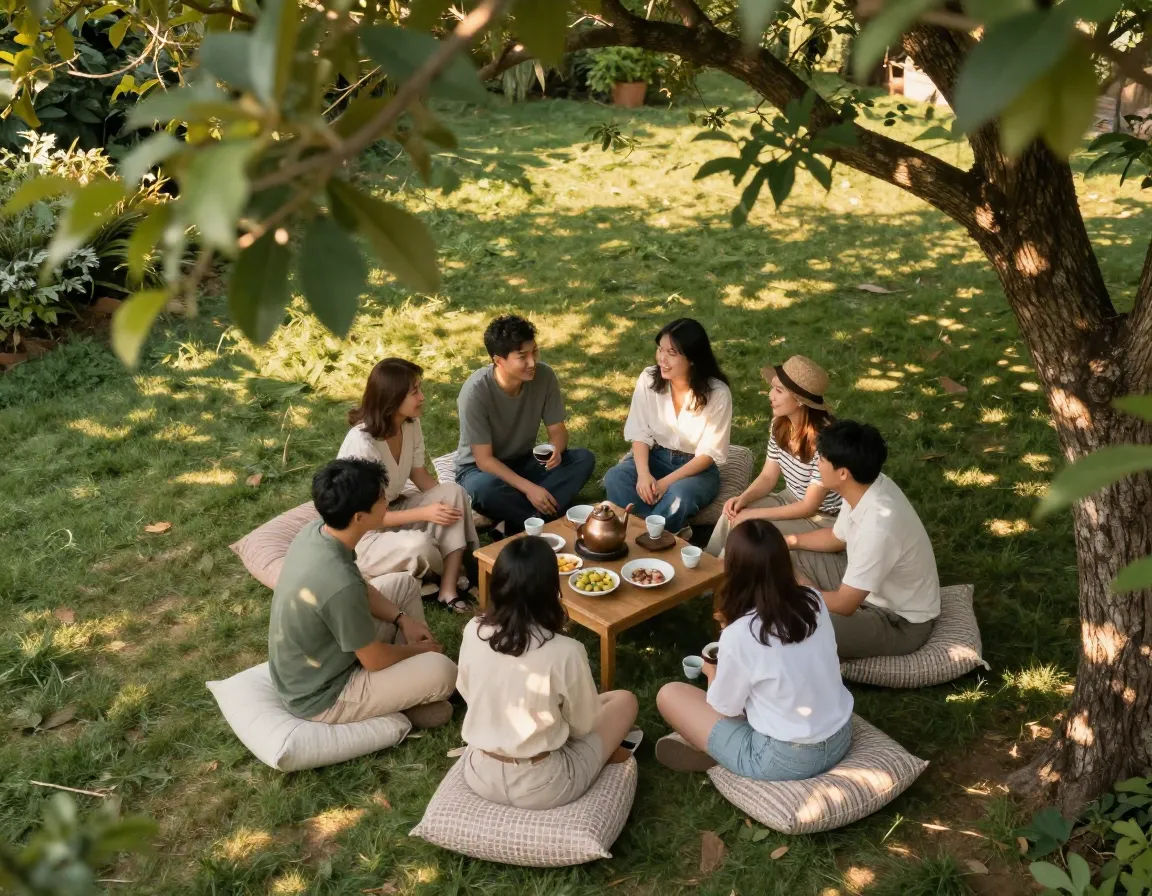 Garden tea party with friends under shade tree