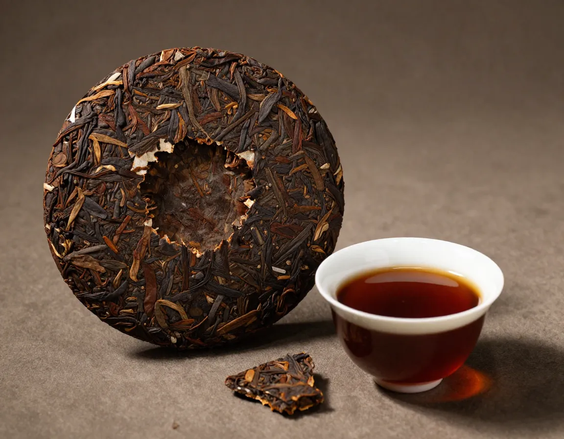 Aged compressed pu erh tea cake with a broken piece and dark infusion