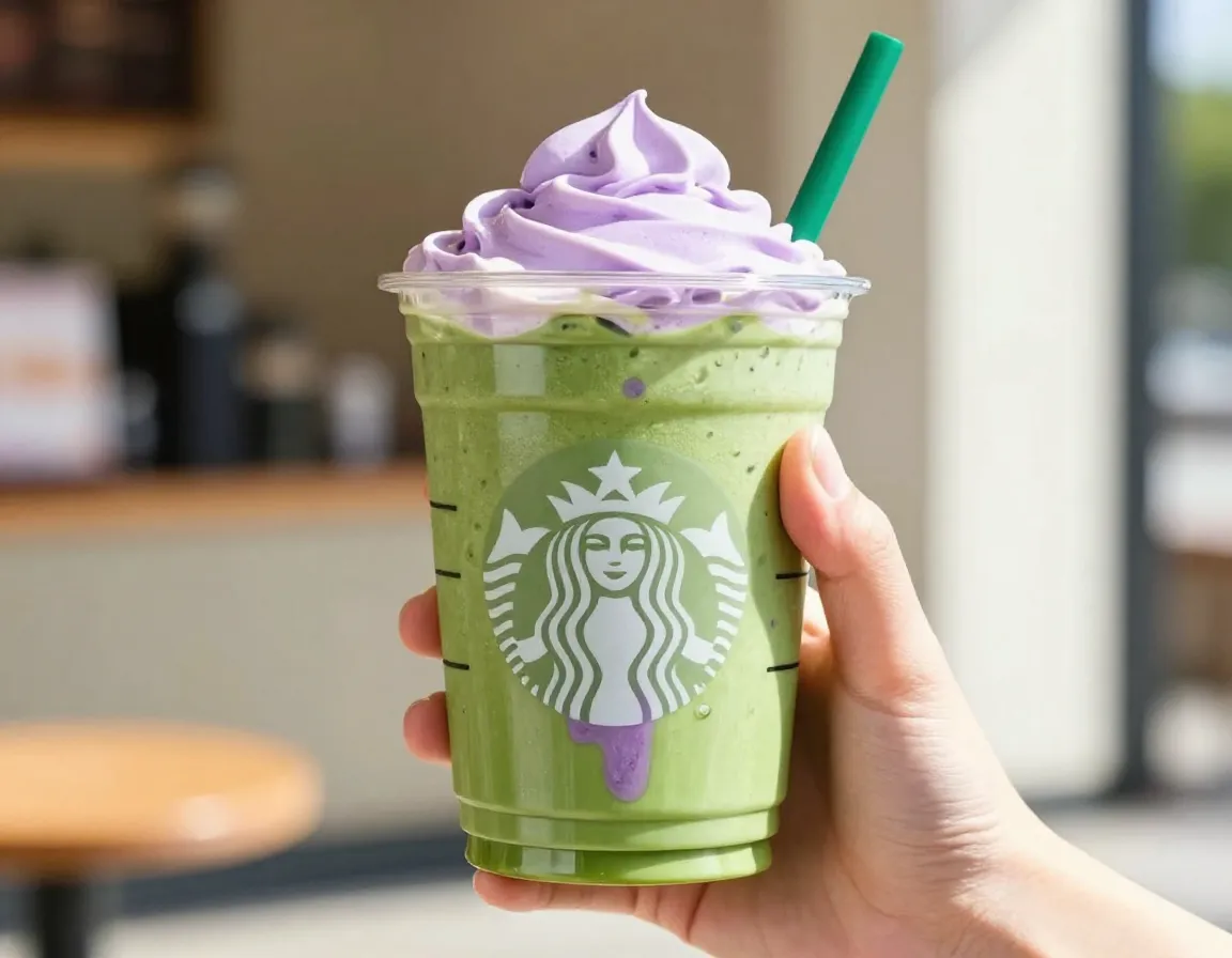 Iced lavender cream matcha latte in clear cup with purple swirl