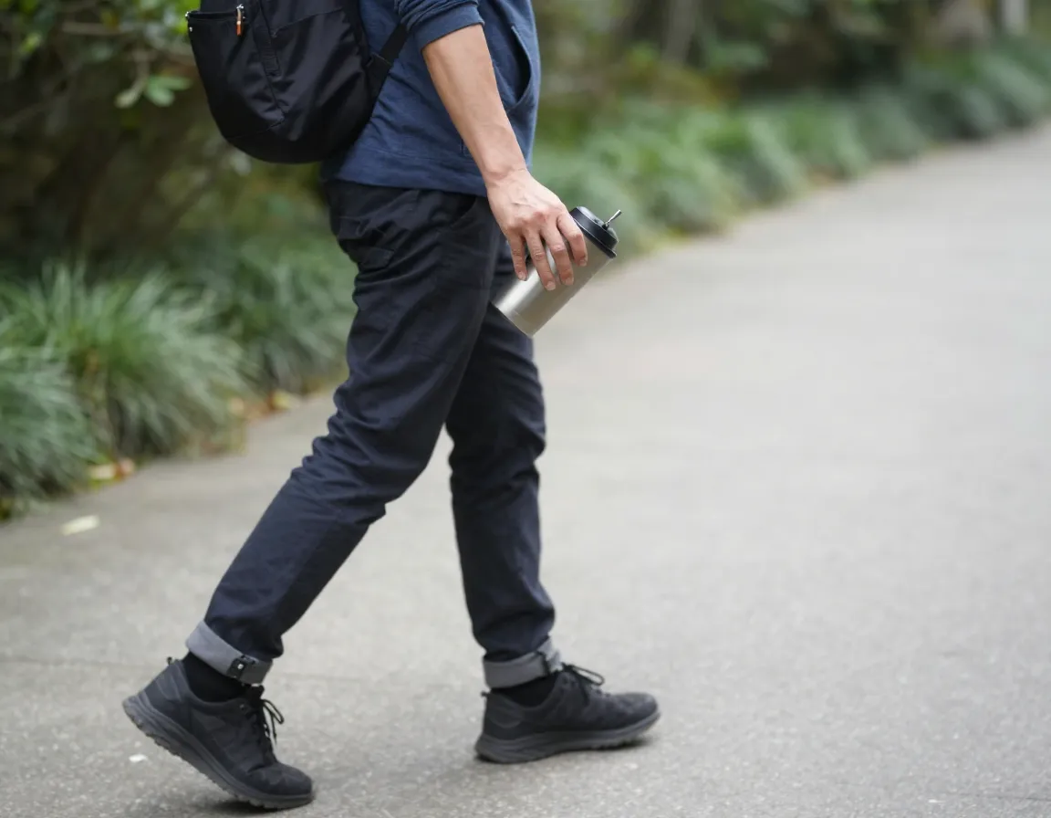 Person walking slowly on path while sipping travel tea