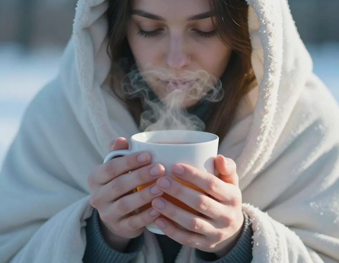 Person wrapped in blanket drinking hot tea cool morning