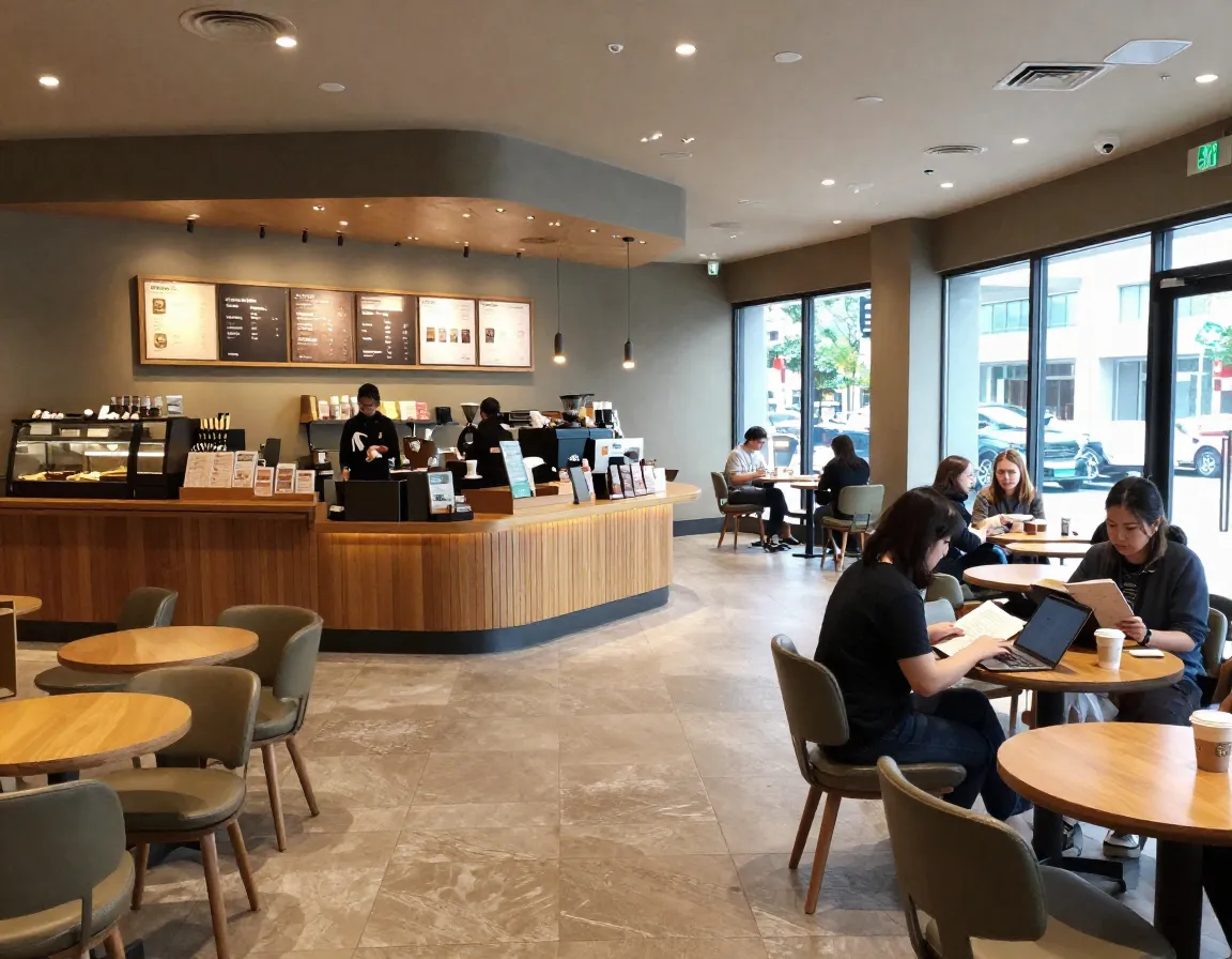 Quiet starbucks cafe during mid morning with few customers