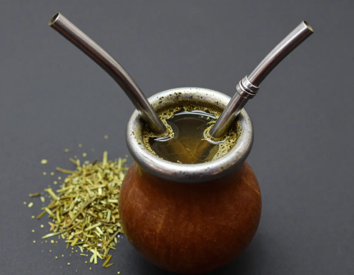 A traditional gourd cup of yerba mate with a metal bombilla straw