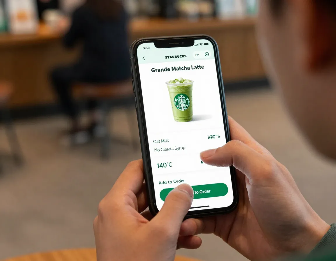 Customer clearly ordering matcha drink using starbucks mobile app