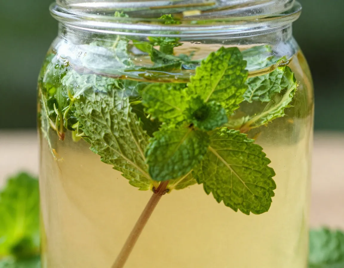 Glass jar of herbal sun tea with fresh mint leaves