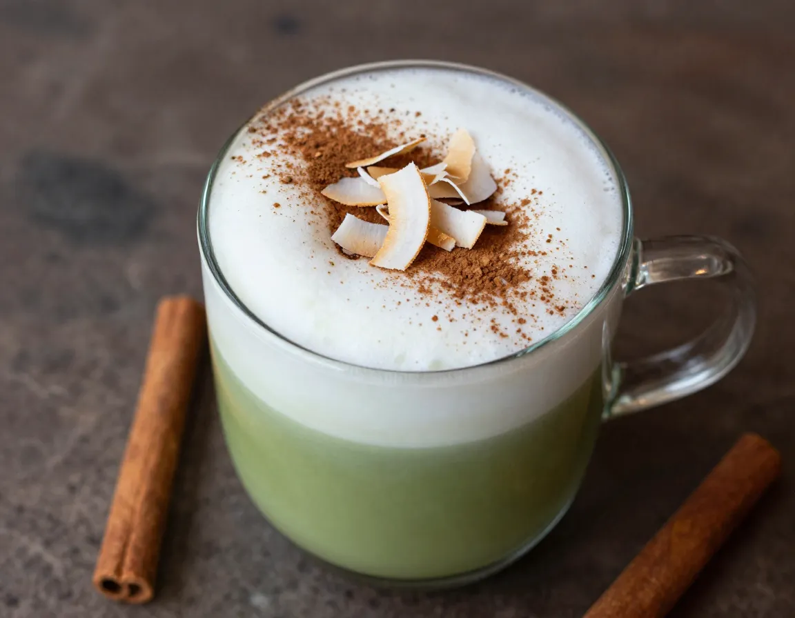 Layered matcha latte with cinnamon powder and coconut flakes