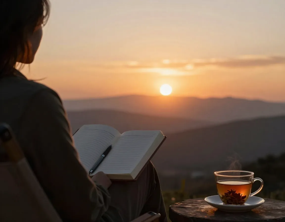 Person with journal and herbal tea watching sunset