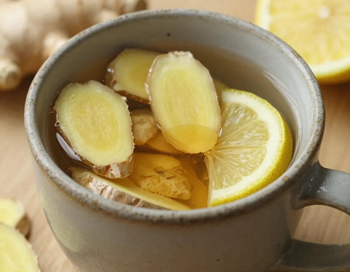 Fresh ginger root steeping in hot water with honey and lemon