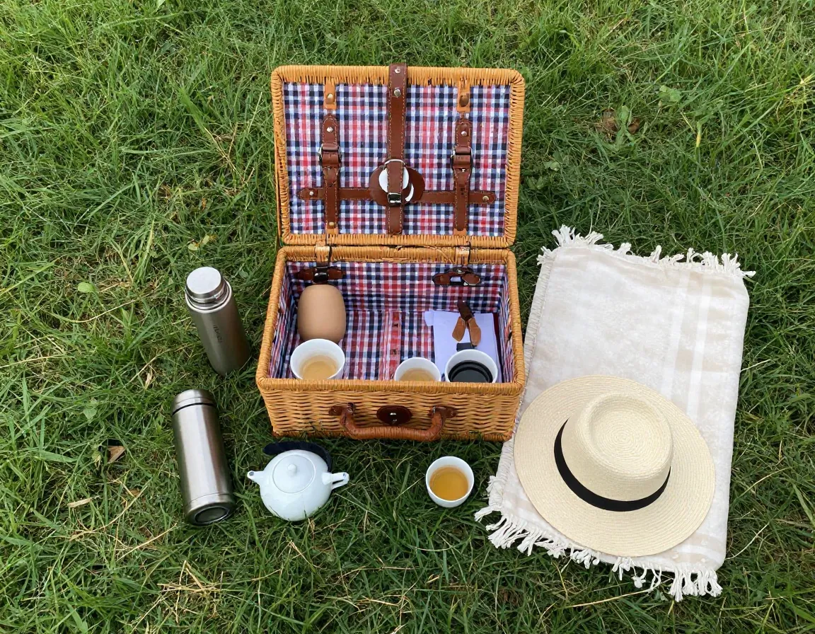 Picnic basket with thermos and tea set in park