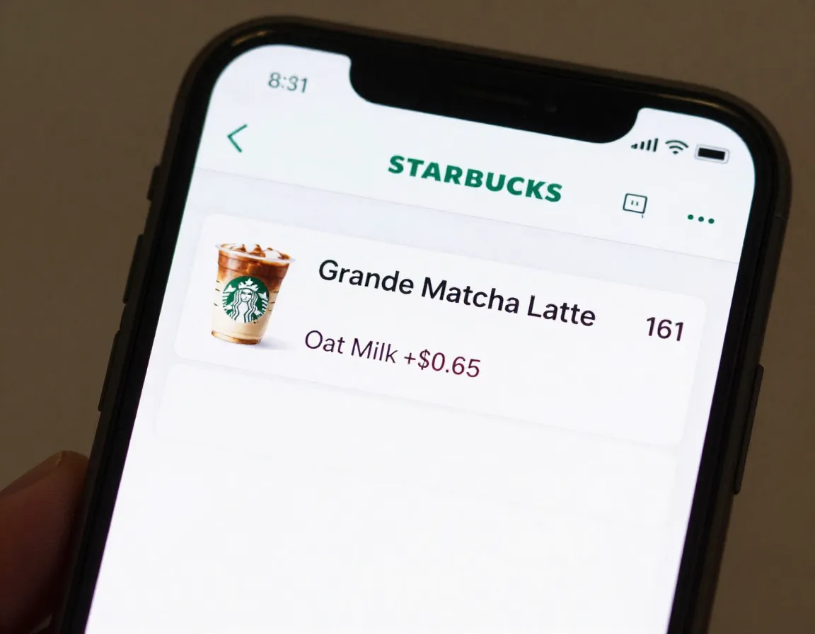 Starbucks app screen showing price comparison for grande oat milk upgrade