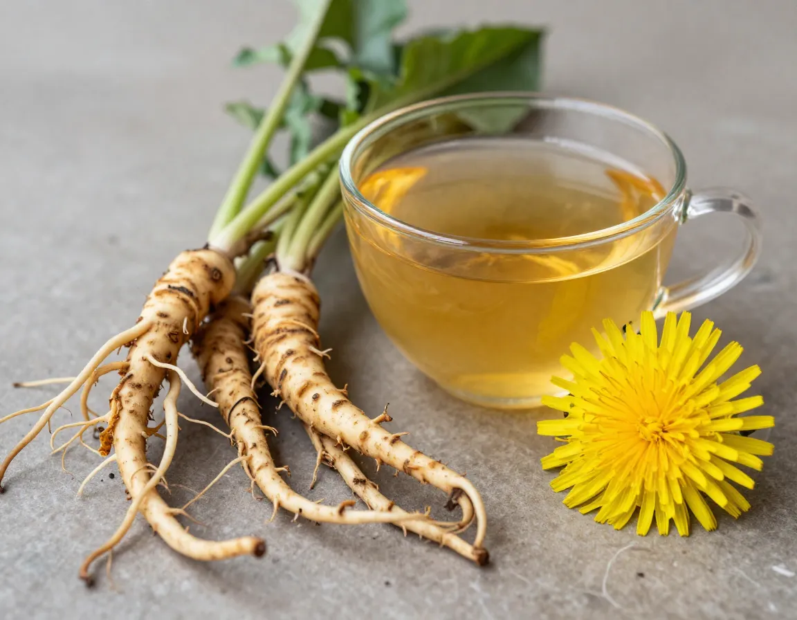 Dandelion roots and flowers beside a cup of golden dandelion tea