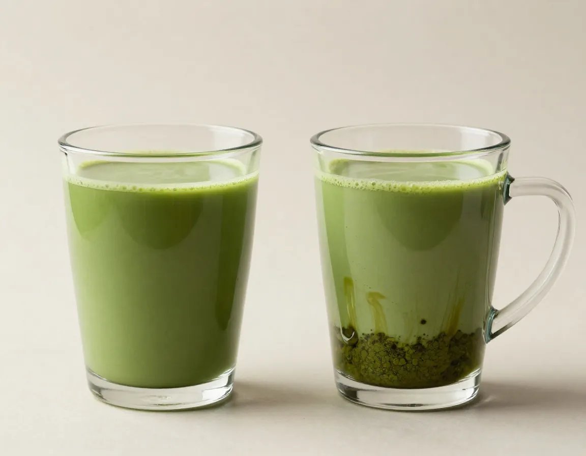 Perfectly smooth uniform green matcha latte next to a clumpy one