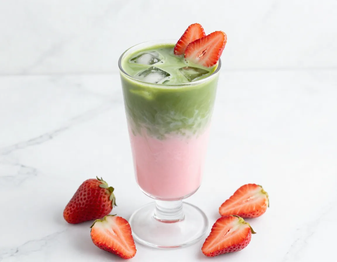 Strawberry pink matcha latte with oat milk in glass mug on marble