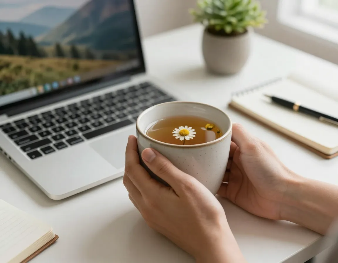 Close up hands holding warm mug chamomile tea home office anxiety relief