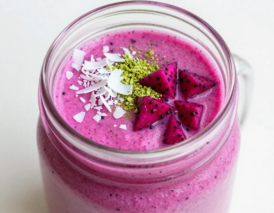 Dragon fruit matcha smoothie in wide mouth mason jar garnished