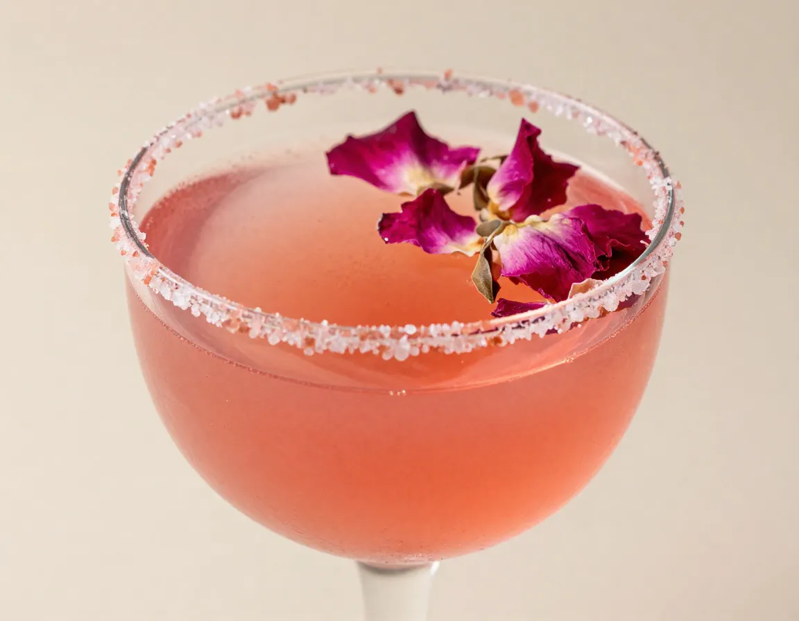 Elegant rose petal garnished pink matcha elixir in glassware