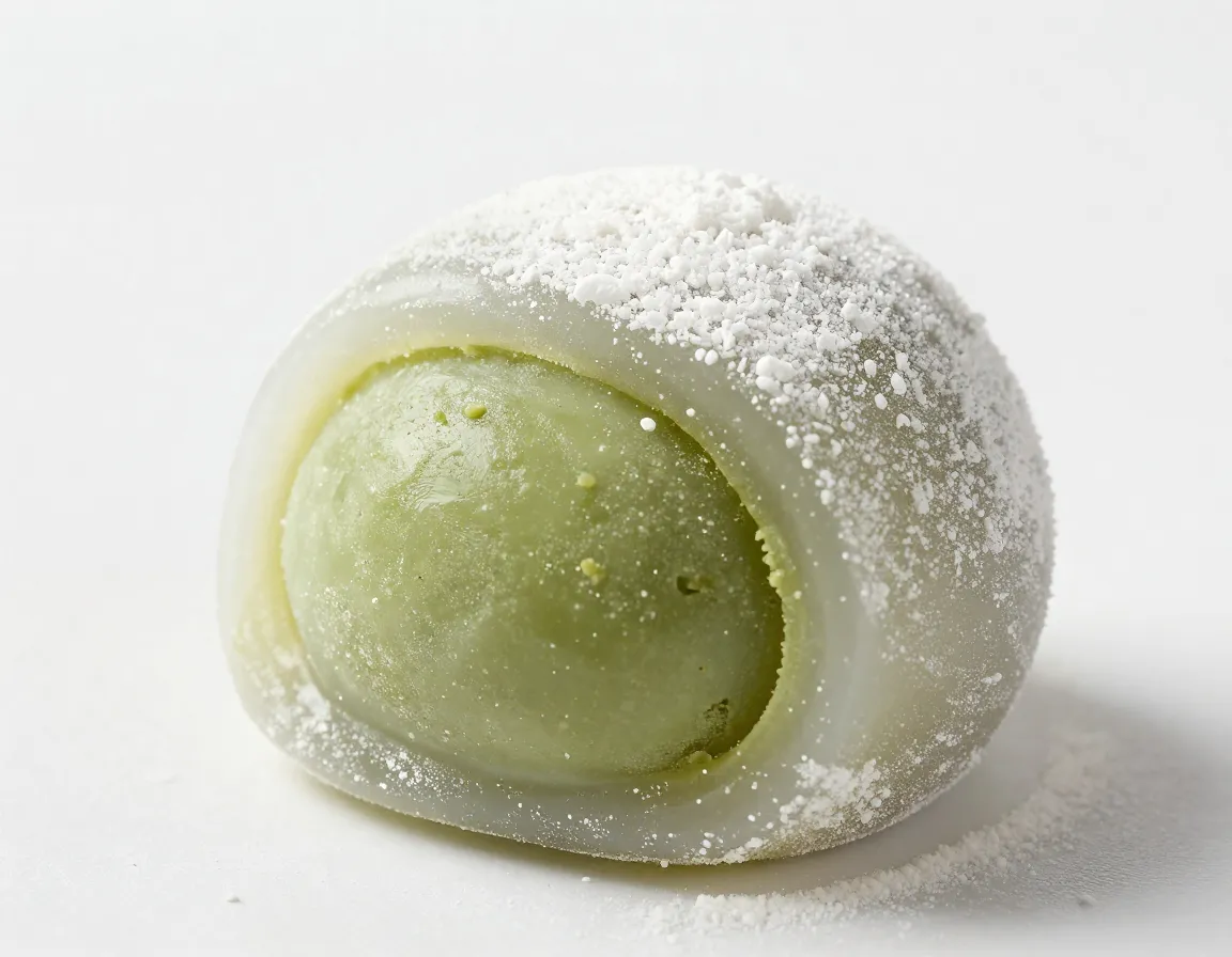 Matcha mochi ice cream ball chewy rice wrapper dusted cornstarch