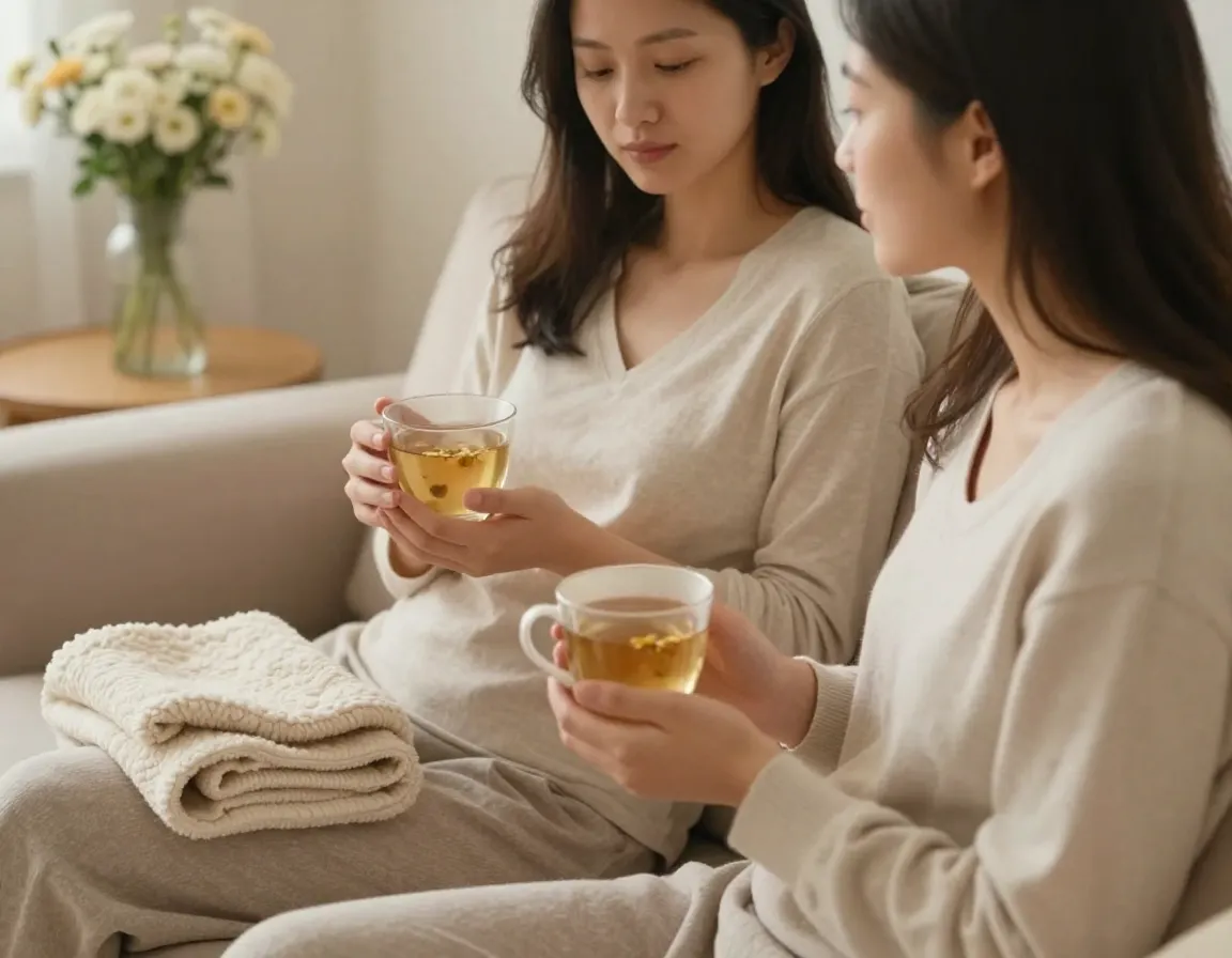 Women drinking chamomile tea on couch at home for hormonal support