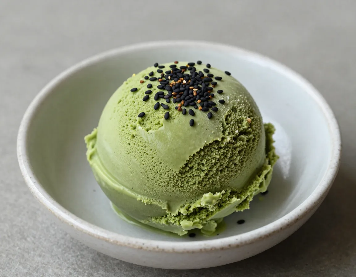 Matcha sesame ice cream scoop toasted black sesame seeds
