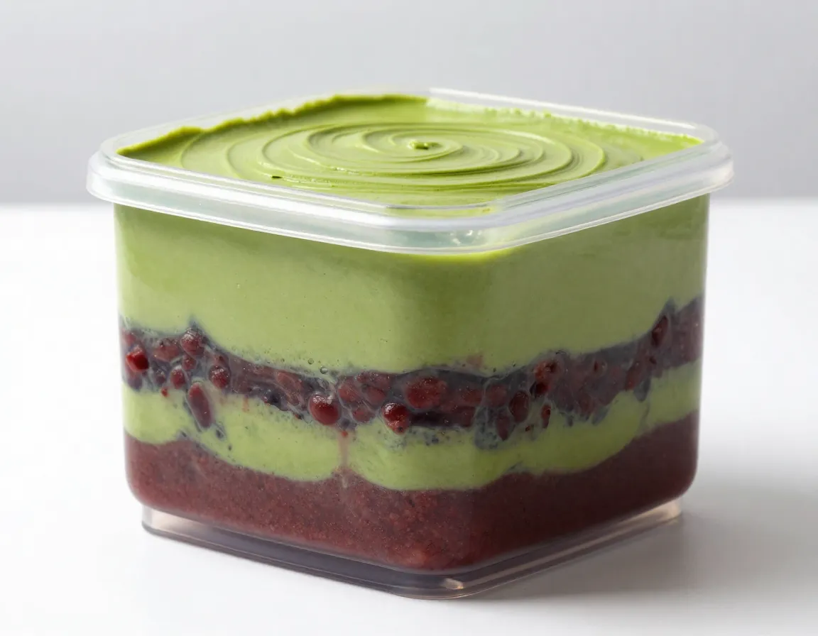 Matcha swirl red bean ice cream layered container marble pattern