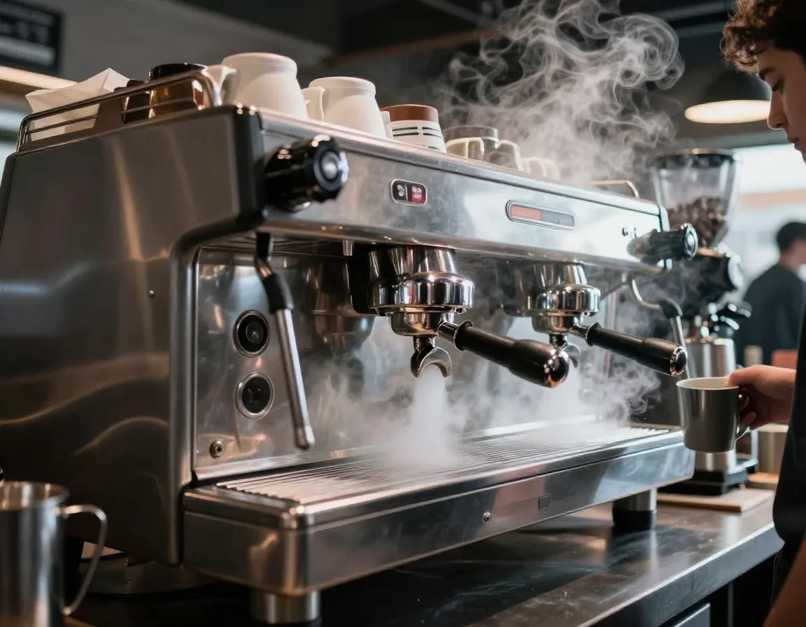 High volume four group head espresso machine during peak cafe service