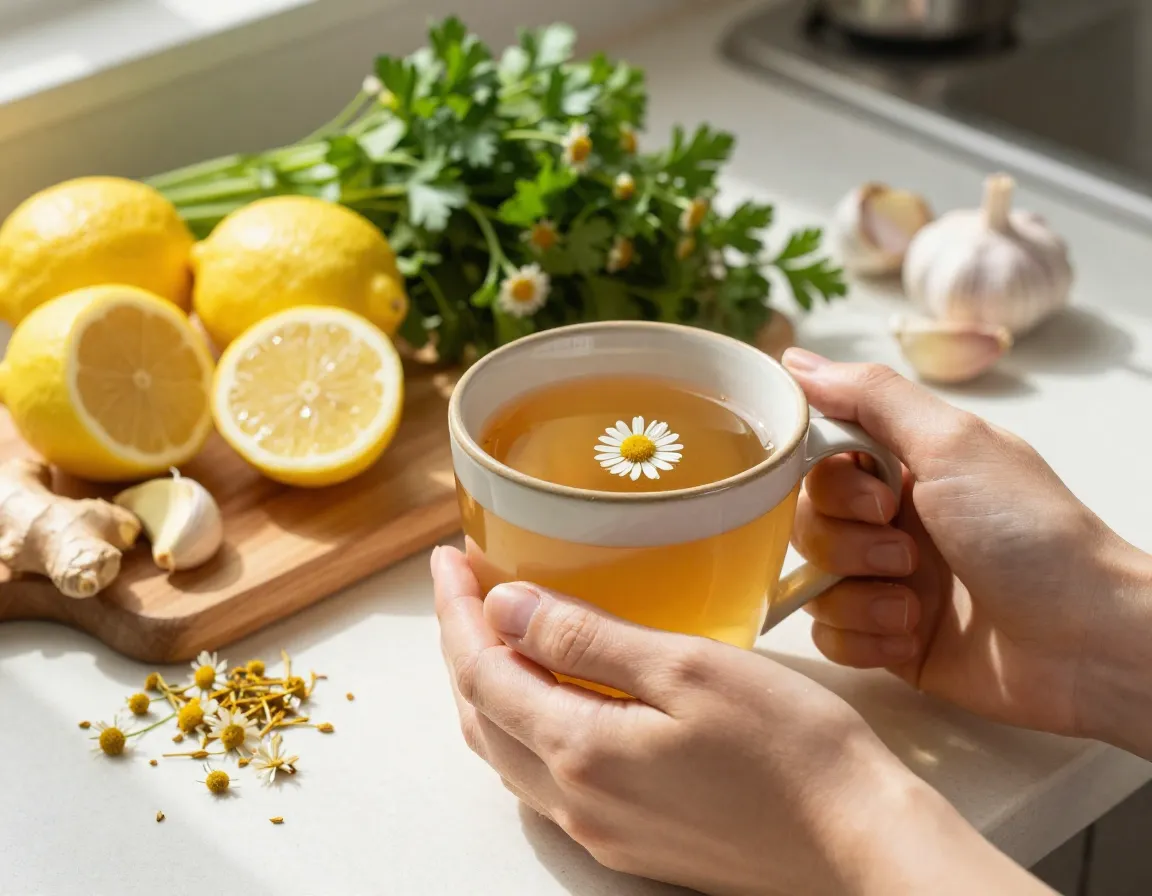 Person holding mug chamomile tea with vegetables for immune boost