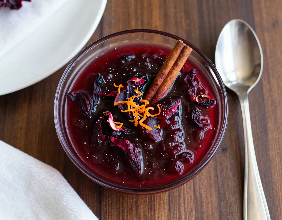 Holiday dinner table with deep red hibiscus cranberry sauce in a glass bowl