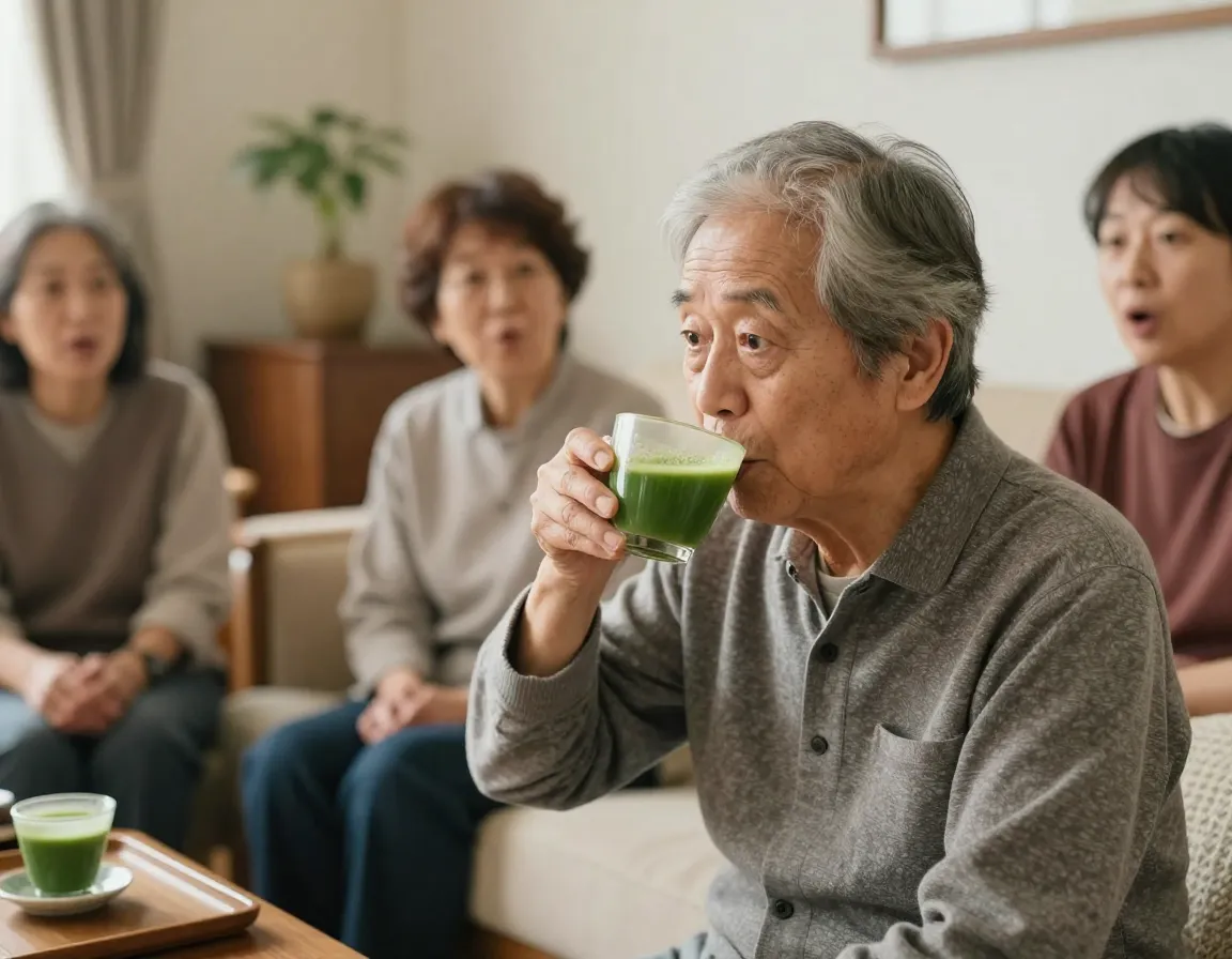 Older adult drinking matcha recognizing facial expressions socially