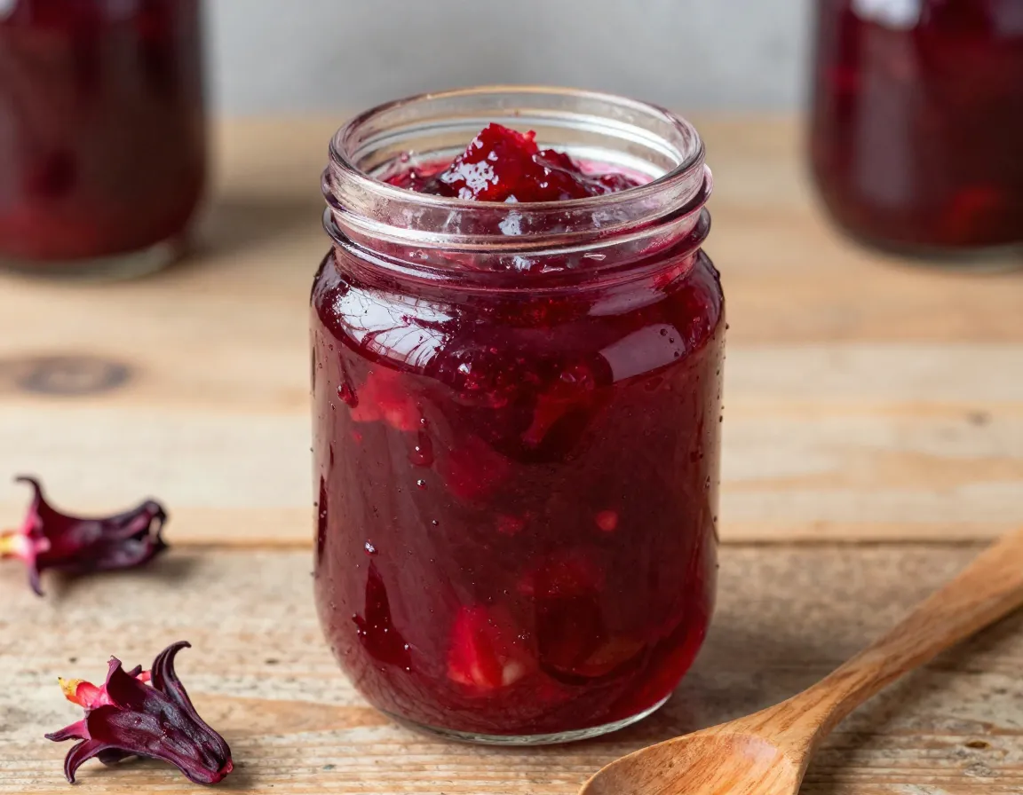 Glass jar of vibrant hibiscus strawberry jam on a rustic kitchen counter