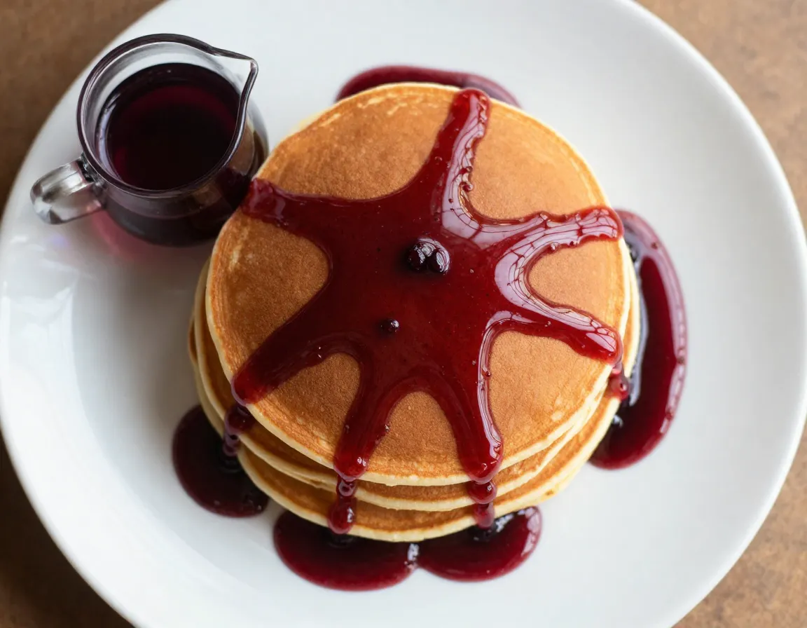 Pancakes drizzled with glossy hibiscus syrup on a white breakfast plate