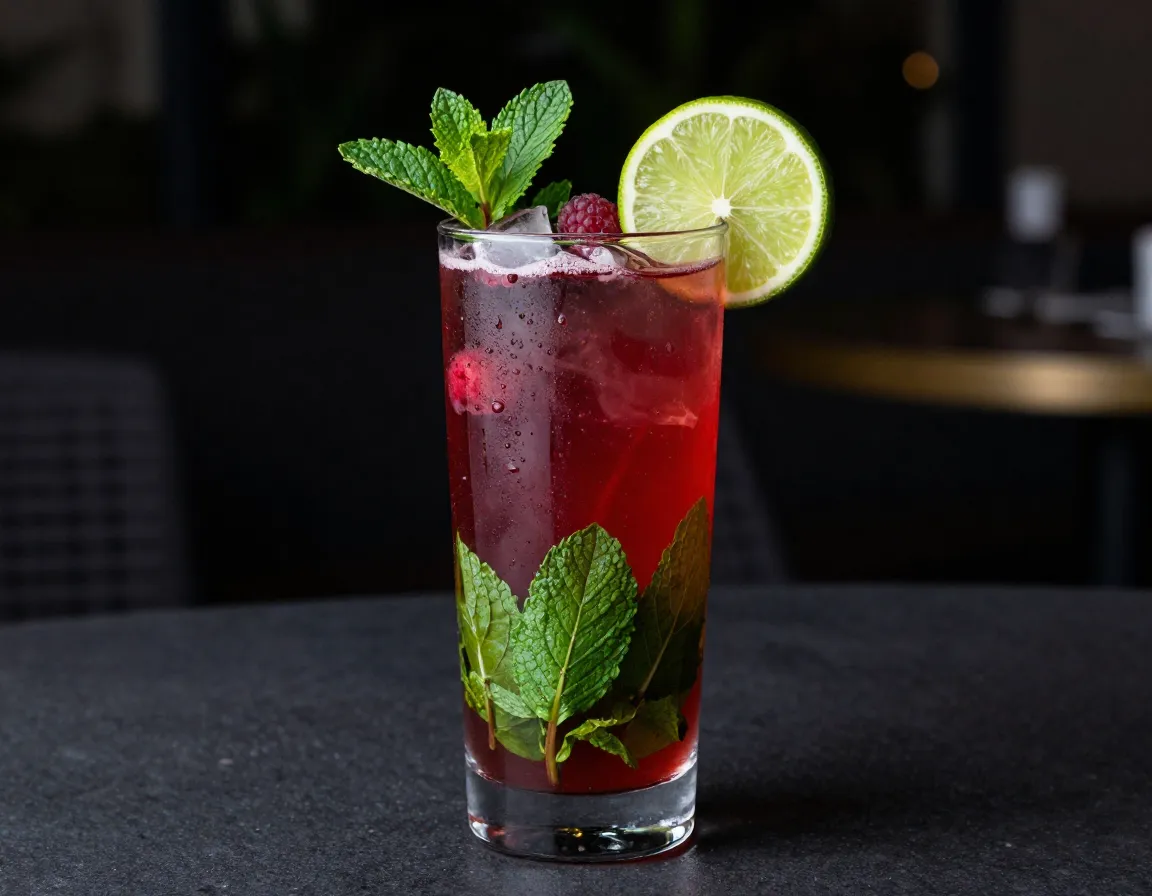 Raspberry mint mocktail with muddled leaves and lime