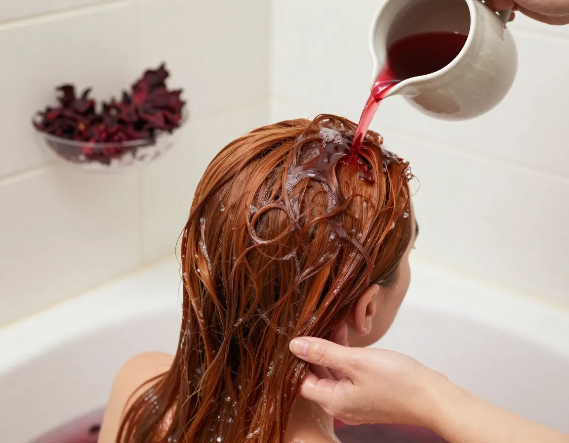 A woman with auburn hair rinsing it with deep red hibiscus tea