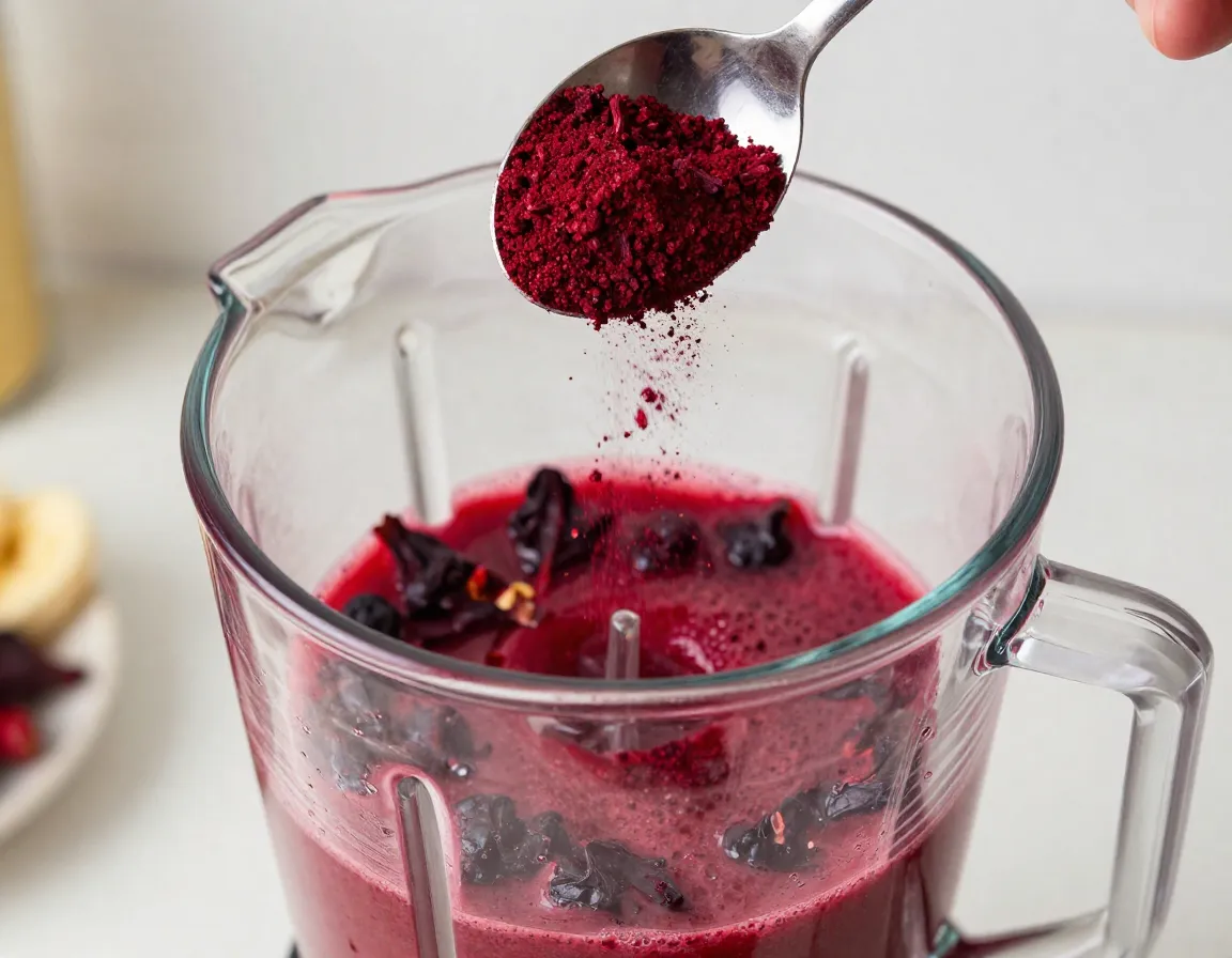 Hibiscus powder being blended into a vibrant red fruit smoothie