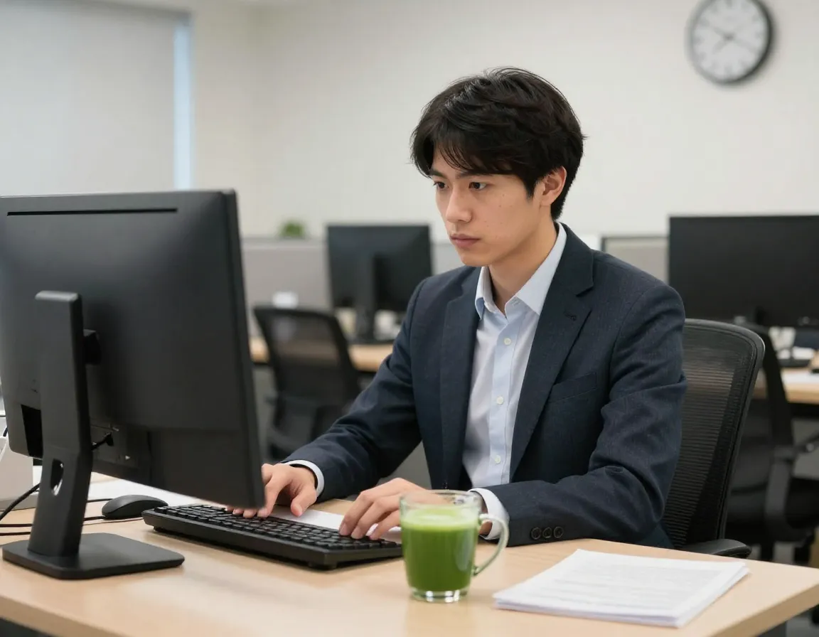 Professional working steadily with matcha sustained energy