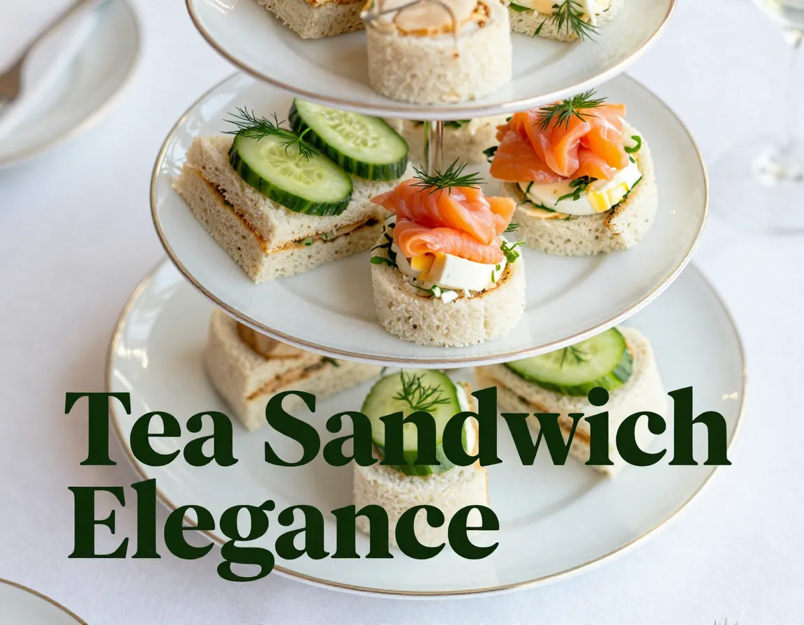 Elegant tiered stand tea sandwiches overhead view on linen