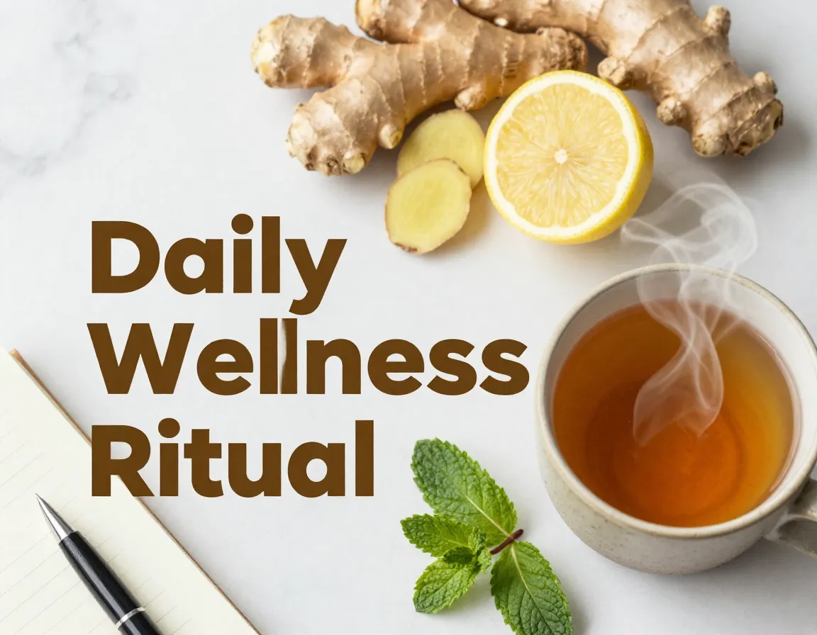 Steaming lemon ginger tea fresh ingredients wellness ritual flat lay composition