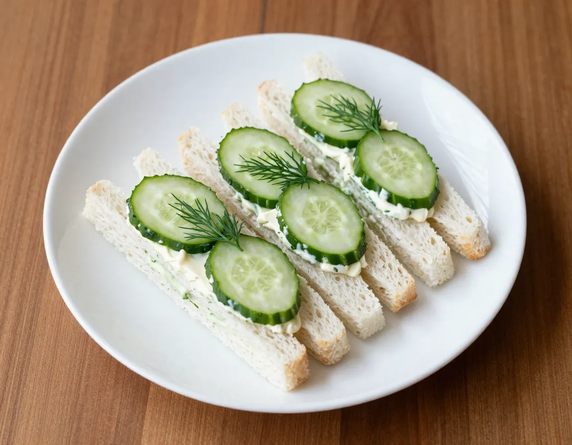 Classic cucumber herb butter sandwich on white plate