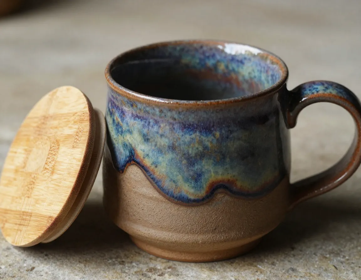 Handcrafted artisan ceramic mug with reactive glaze and bamboo lid closeup