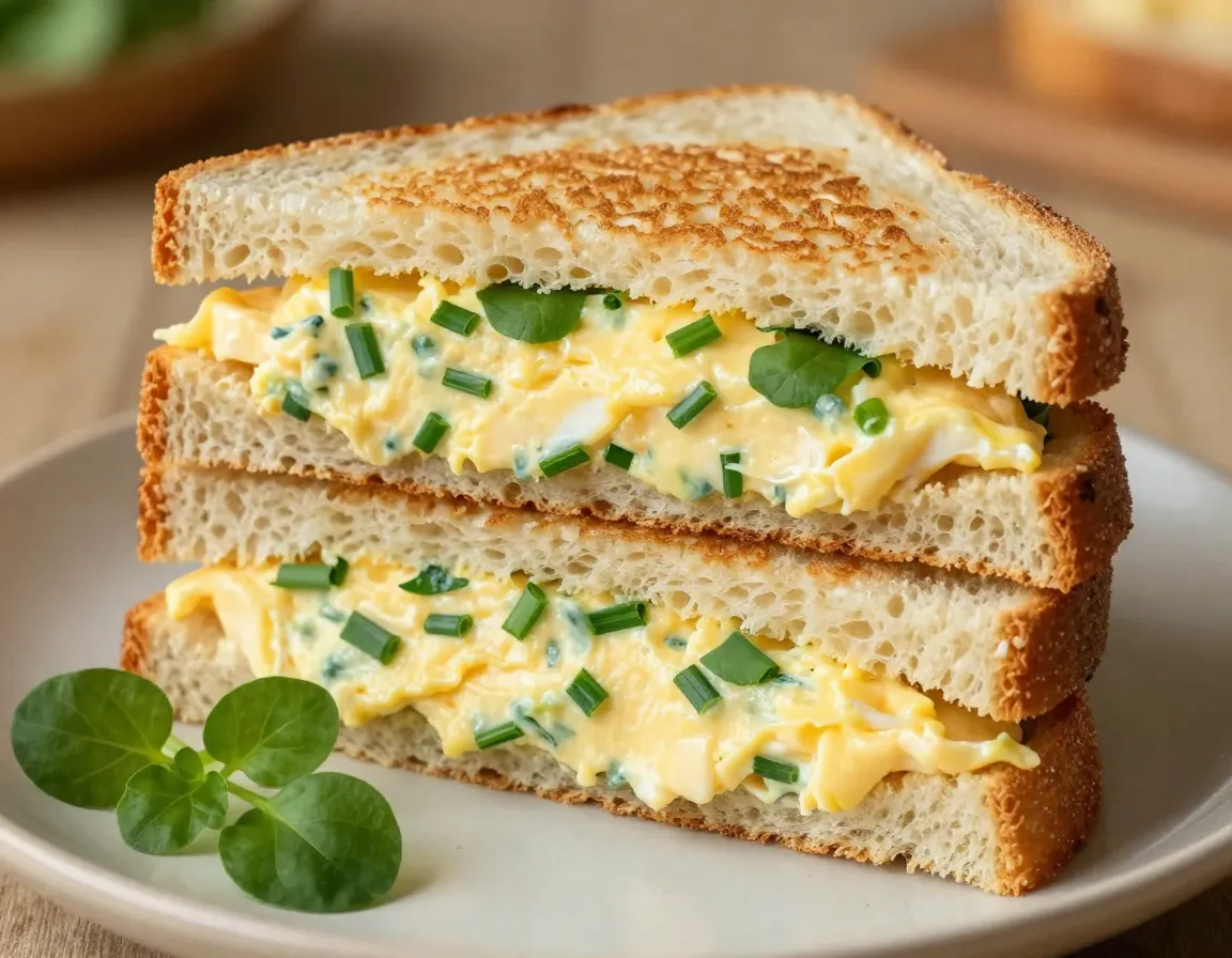 Traditional egg salad sandwich on brioche with watercress