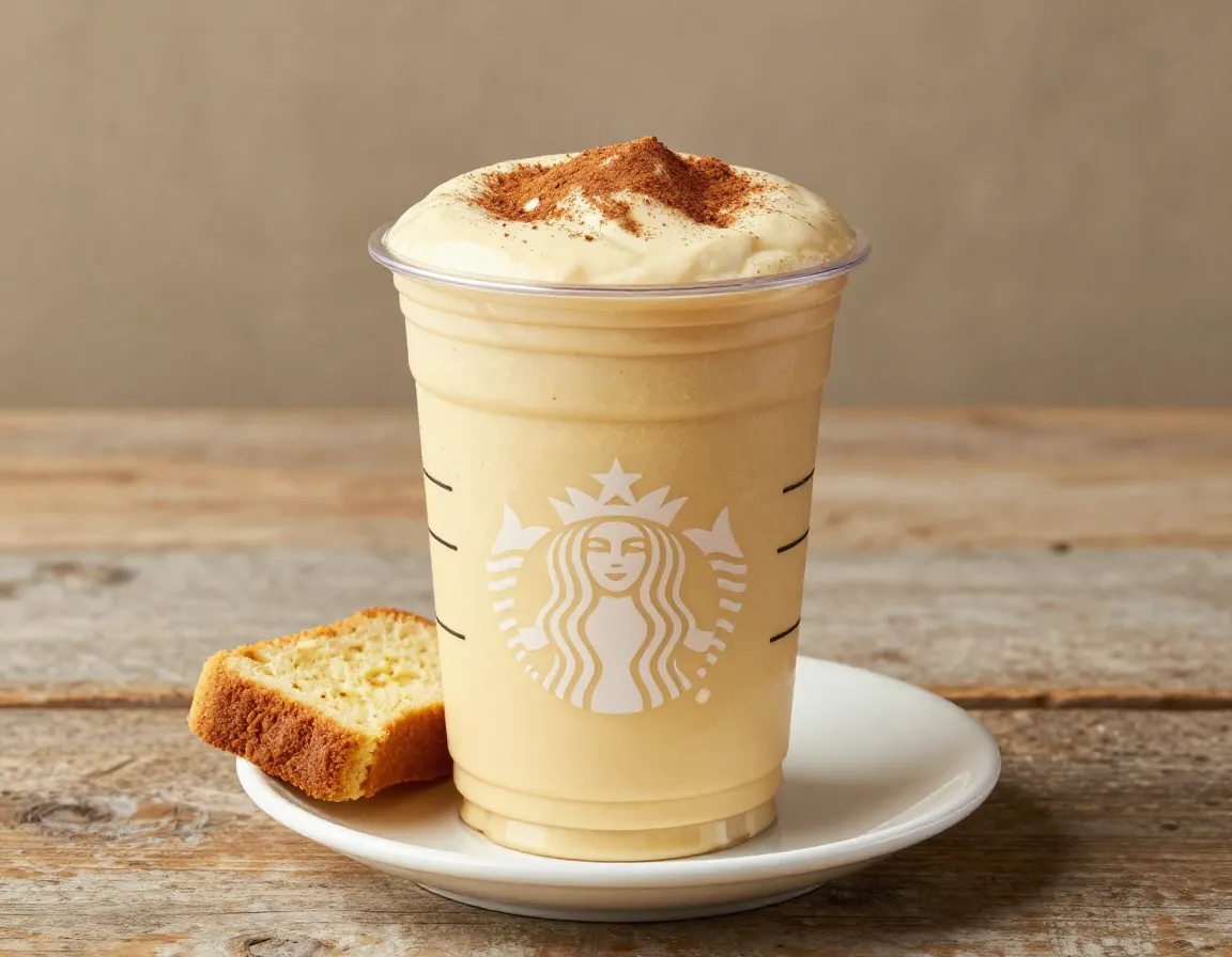 Iced banana bread matcha in a starbucks cup with garnish